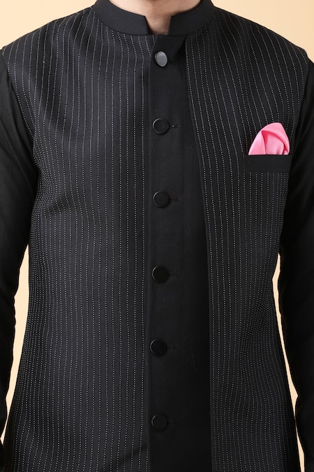 Manish Nagdeo_Black Silk, Cotton Satin Embroidery, Diamonds Dori Bundi Jacket And Kurta Set _at_Aza_Fashions