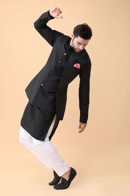 Buy Manish Nagdeo Black Silk, Cotton Satin Embroidery, Diamonds Dori Bundi Jacket And Kurta Set Buy_Manish Nagdeo_Black Silk, Cotton Satin Embroidery, Diamonds Dori Bundi Jacket And Kurta Set
