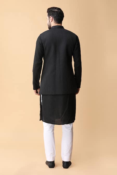 Shop Manish Nagdeo Black Silk, Cotton Satin Embroidery, Diamonds Dori Bundi Jacket And Kurta Set at Aza Fashions Shop_Manish Nagdeo_Black Silk, Cotton Satin Embroidery, Diamonds Dori Bundi Jacket And Kurta Set _at_Aza_Fashions