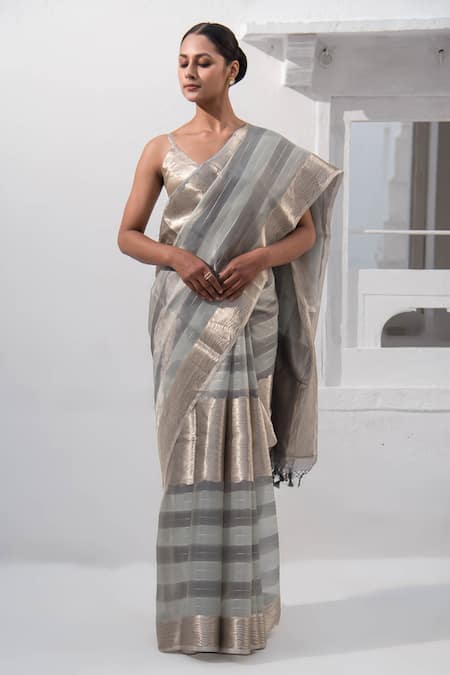 Sacred Weaves Rangkat Stripe Pattern Saree With Unstitched Blouse Piece 