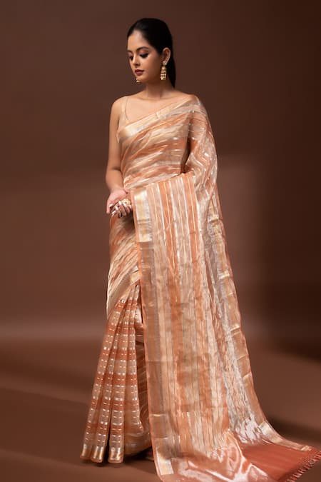 Sacred Weaves Banarasi Stripe Pattern Saree With Unstitched Blouse Piece 