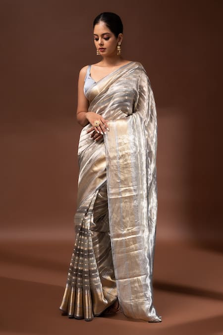 Sacred Weaves Grey Tissue Silk Zari Handloom Pattern Saree With Unstitched Blouse Piece