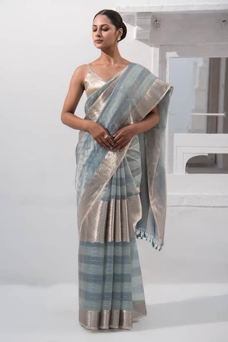 Sacred Weaves Blue Tissue Silk Zari Two Tone Handwoven Saree With Unstitched Blouse Piece