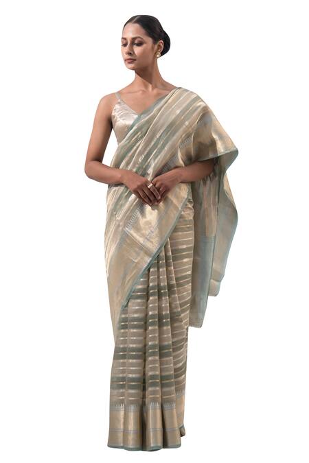 Sacred Weaves_Blue Tissue, Silk Zari Handwoven Saree With Unstitched Blouse Piece_Online_at_Aza_Fashions