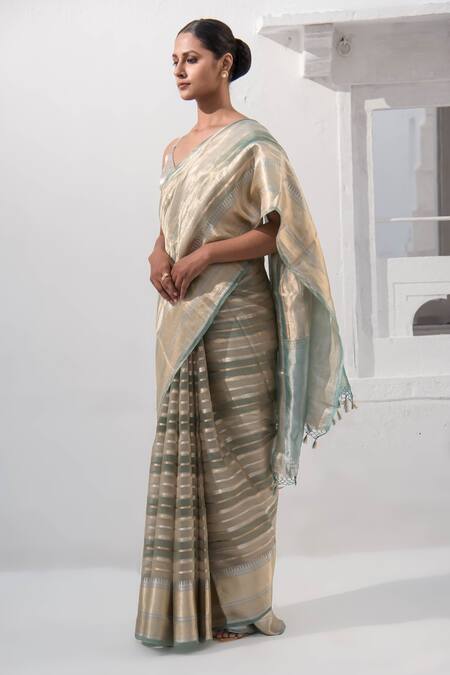 Buy_Sacred Weaves_Blue Tissue, Silk Zari Handwoven Saree With Unstitched Blouse Piece_Online_at_Aza_Fashions