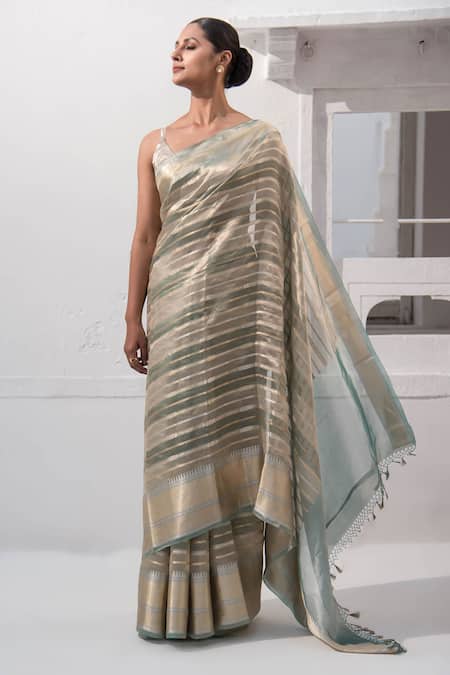 Shop_Sacred Weaves_Blue Tissue, Silk Zari Handwoven Saree With Unstitched Blouse Piece_Online_at_Aza_Fashions