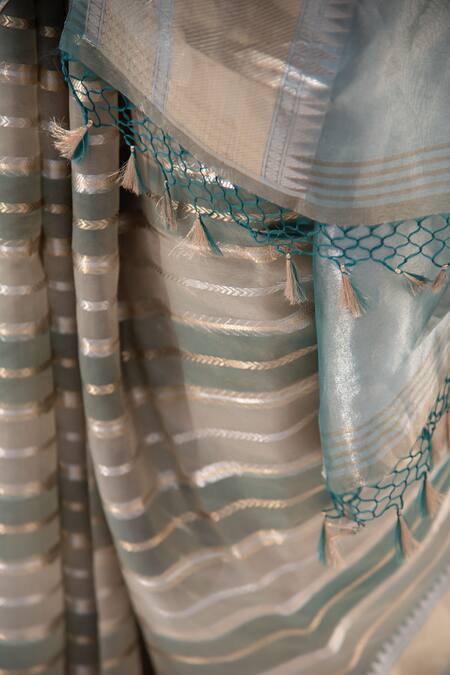 Shop_Sacred Weaves_Blue Tissue, Silk Zari Handwoven Saree With Unstitched Blouse Piece