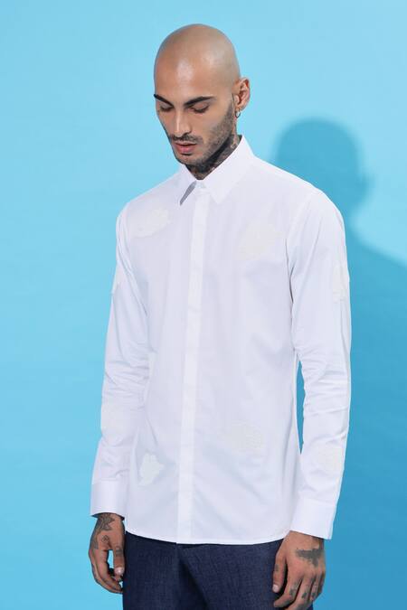 Shop Sahil Aneja White Cotton Embroidery Placement Artwork Detail Shirt at Aza Fashions Shop_Sahil Aneja_White Cotton Embroidery Placement Artwork Detail Shirt_at_Aza_Fashions