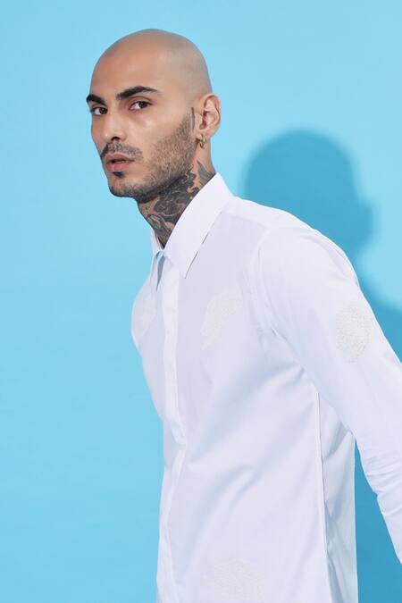 Sahil Aneja White Cotton Embroidery Placement Artwork Detail Shirt Online at Aza Fashions Sahil Aneja_White Cotton Embroidery Placement Artwork Detail Shirt_Online_at_Aza_Fashions