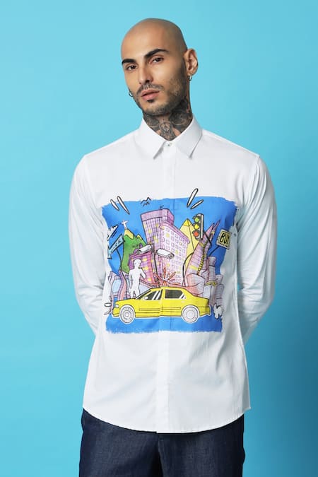 Shop_Sahil Aneja_White Cotton Town Print Shirt_Online_at_Aza_Fashions