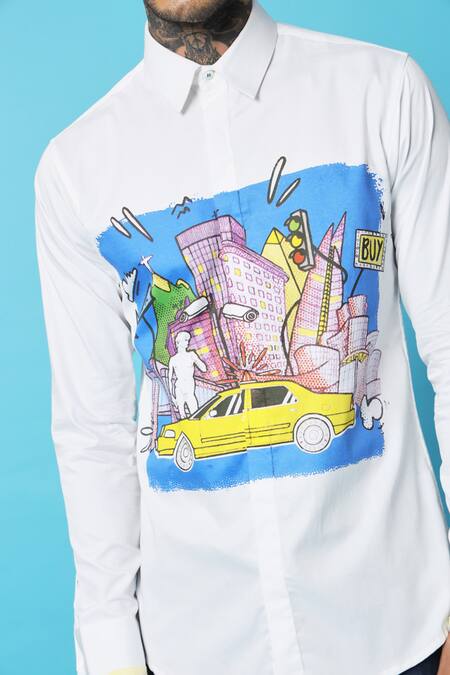 Sahil Aneja_White Cotton Town Print Shirt_at_Aza_Fashions