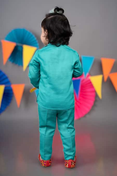 Little Brats Green Linen, Satin Embroidery Thread Top With Pant Online at Aza Fashions Little Brats_Green Linen, Satin Embroidery Thread Top With Pant _Online_at_Aza_Fashions