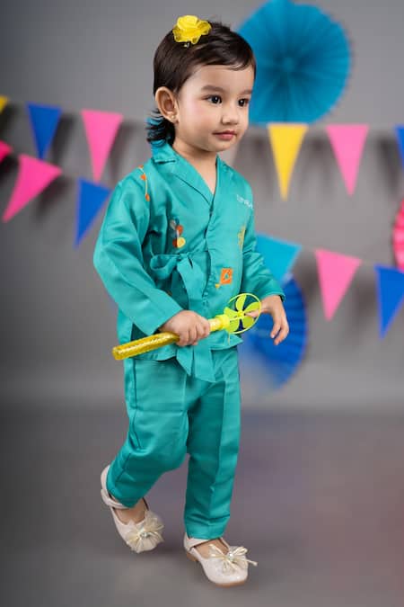 Buy Little Brats Green Linen, Satin Embroidery Thread Top With Pant Online at Aza Fashions Buy_Little Brats_Green Linen, Satin Embroidery Thread Top With Pant _Online_at_Aza_Fashions