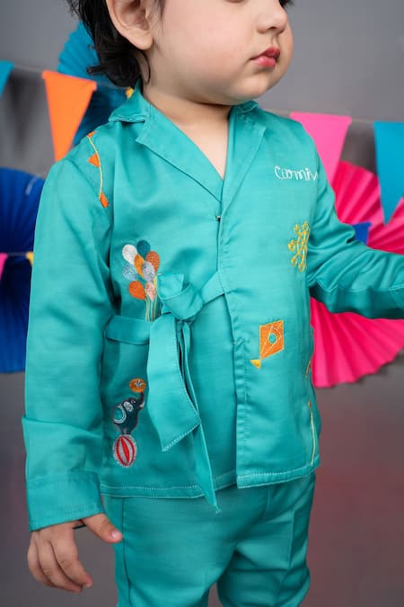 Shop Little Brats Green Linen, Satin Embroidery Thread Top With Pant Online at Aza Fashions Shop_Little Brats_Green Linen, Satin Embroidery Thread Top With Pant _Online_at_Aza_Fashions