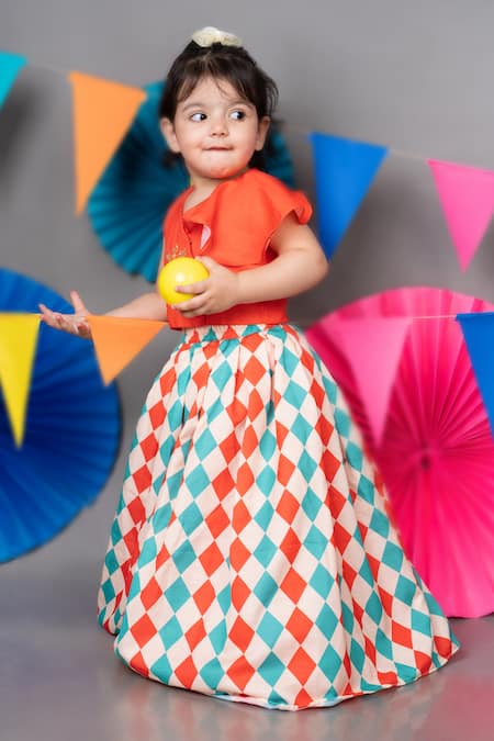 Little Brats Red Linen Embroidery Thread Cross Top With Checkered Skirt Online at Aza Fashions Little Brats_Red Linen Embroidery Thread Cross Top With Checkered Skirt _Online_at_Aza_Fashions