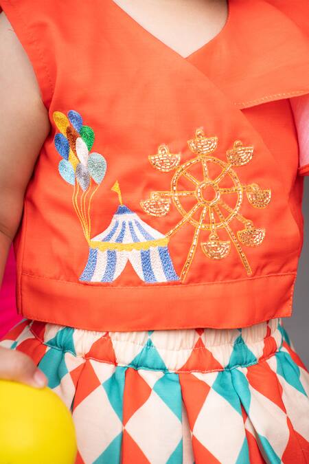 Buy Little Brats Red Linen Embroidery Thread Cross Top With Checkered Skirt Online at Aza Fashions Buy_Little Brats_Red Linen Embroidery Thread Cross Top With Checkered Skirt _Online_at_Aza_Fashions