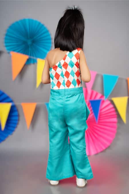 Little Brats_Beige Linen, Satin Checkered Print Jumpsuit _Online_at_Aza_Fashions