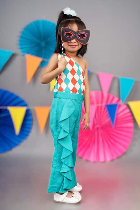 Buy_Little Brats_Beige Linen, Satin Checkered Print Jumpsuit _Online_at_Aza_Fashions