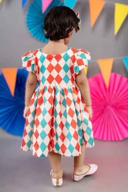 Shop_Little Brats_Beige Linen, Satin Checkered Print Dress _at_Aza_Fashions