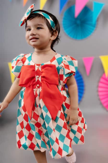 Little Brats_Beige Linen, Satin Checkered Print Dress _Online_at_Aza_Fashions