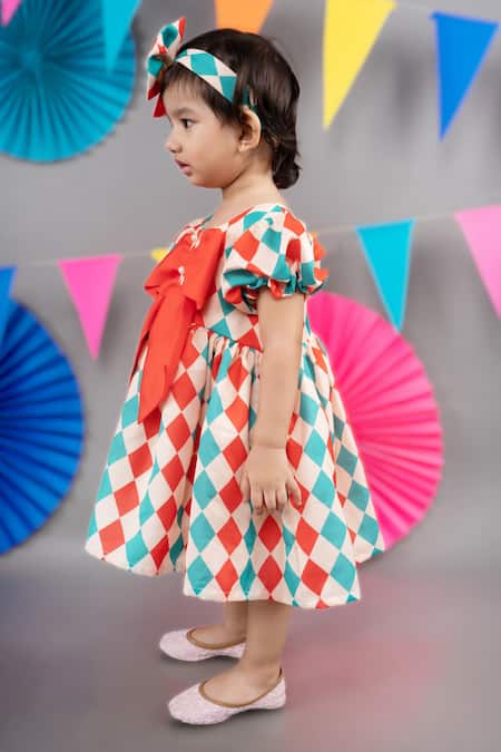 Buy_Little Brats_Beige Linen, Satin Checkered Print Dress _Online_at_Aza_Fashions