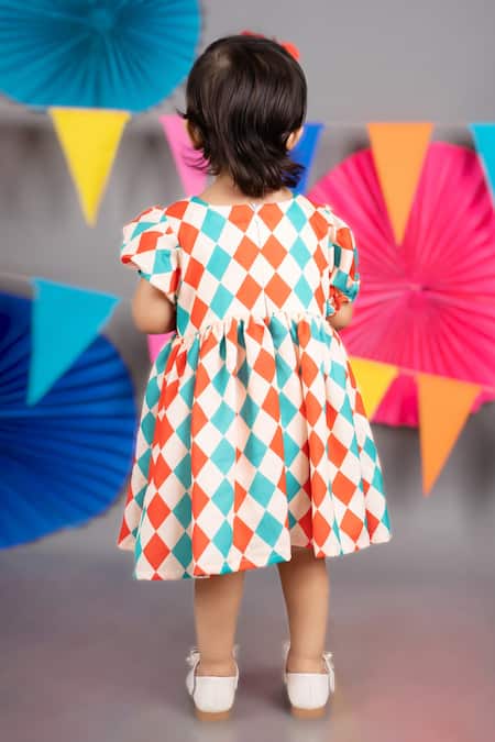 Shop_Little Brats_Beige Linen, Satin Checkered Print Dress _Online_at_Aza_Fashions