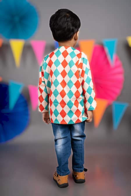 Shop_Little Brats_Beige Linen, Satin Embroidery Checkered Print Kurta _at_Aza_Fashions