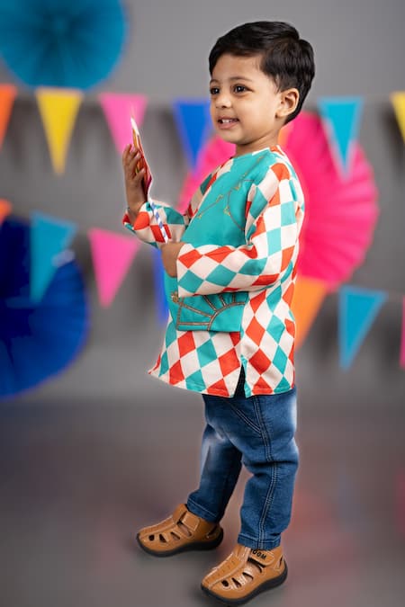 Little Brats_Beige Linen, Satin Embroidery Checkered Print Kurta _Online_at_Aza_Fashions