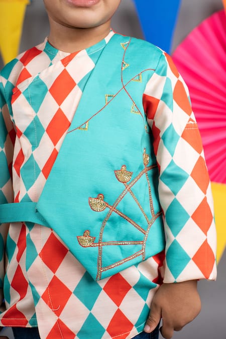 Buy_Little Brats_Beige Linen, Satin Embroidery Checkered Print Kurta _Online_at_Aza_Fashions
