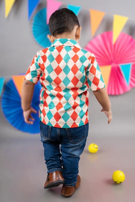 Little Brats Beige Linen, Satin Embroidery Diamond Print Shirt Online at Aza Fashions Little Brats_Beige Linen, Satin Embroidery Diamond Print Shirt _Online_at_Aza_Fashions