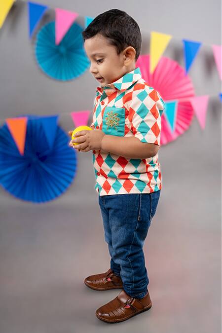 Shop Little Brats Beige Linen, Satin Embroidery Diamond Print Shirt Online at Aza Fashions Shop_Little Brats_Beige Linen, Satin Embroidery Diamond Print Shirt _Online_at_Aza_Fashions