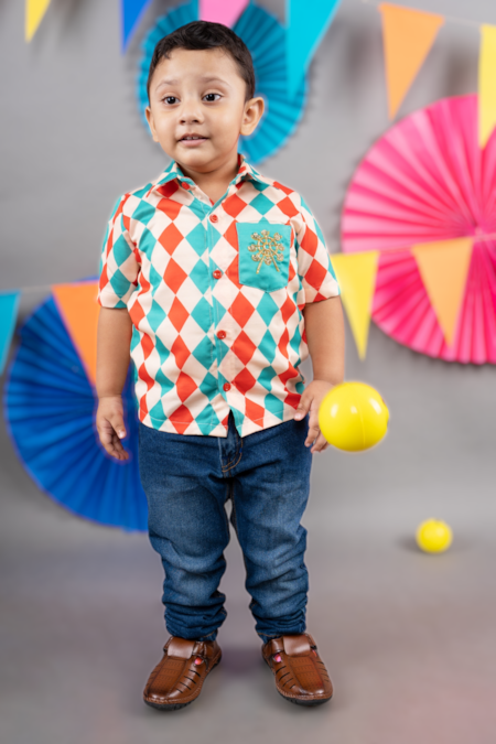 Buy Little Brats Beige Linen, Satin Embroidery Diamond Print Shirt Buy_Little Brats_Beige Linen, Satin Embroidery Diamond Print Shirt