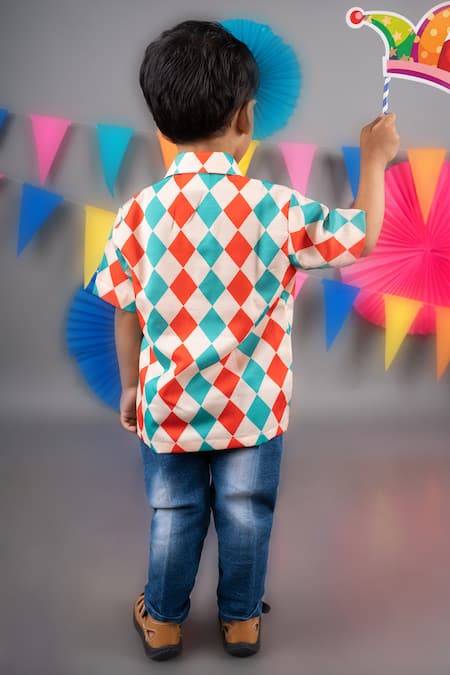 Little Brats Beige Linen, Satin Embroidery Checkered Print Shirt Online at Aza Fashions Little Brats_Beige Linen, Satin Embroidery Checkered Print Shirt _Online_at_Aza_Fashions