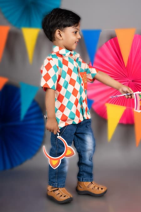 Buy Little Brats Beige Linen, Satin Embroidery Checkered Print Shirt Online at Aza Fashions Buy_Little Brats_Beige Linen, Satin Embroidery Checkered Print Shirt _Online_at_Aza_Fashions