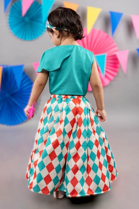 Shop Little Brats Green Linen, Cotton Embroidery Cross Top With Checkered Skirt at Aza Fashions Shop_Little Brats_Green Linen, Cotton Embroidery Cross Top With Checkered Skirt _at_Aza_Fashions