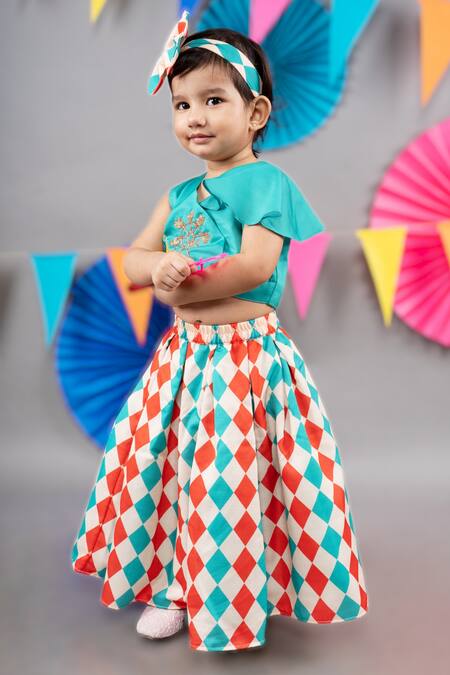 Little Brats Green Linen, Cotton Embroidery Cross Top With Checkered Skirt Online at Aza Fashions Little Brats_Green Linen, Cotton Embroidery Cross Top With Checkered Skirt _Online_at_Aza_Fashions