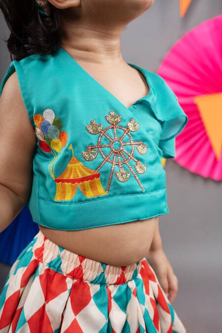 Buy Little Brats Green Linen, Cotton Embroidery Cross Top With Checkered Skirt Online at Aza Fashions Buy_Little Brats_Green Linen, Cotton Embroidery Cross Top With Checkered Skirt _Online_at_Aza_Fashions