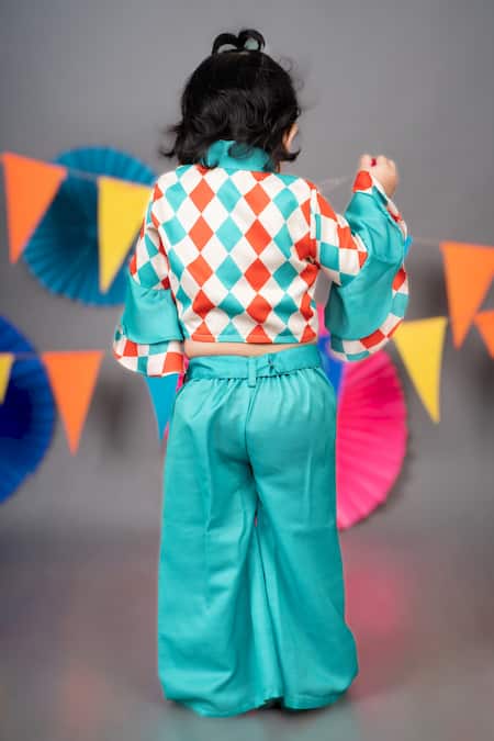 Shop Little Brats Beige Linen, Satin Embroidery Checkered Print Top Palazzo Set at Aza Fashions Shop_Little Brats_Beige Linen, Satin Embroidery Checkered Print Top Palazzo Set _at_Aza_Fashions