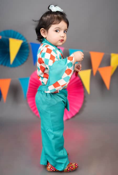 Little Brats Beige Linen, Satin Embroidery Checkered Print Top Palazzo Set Online at Aza Fashions Little Brats_Beige Linen, Satin Embroidery Checkered Print Top Palazzo Set _Online_at_Aza_Fashions