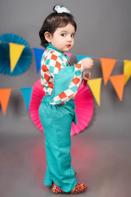 Buy Little Brats Beige Linen, Satin Embroidery Checkered Print Top Palazzo Set Online at Aza Fashions Buy_Little Brats_Beige Linen, Satin Embroidery Checkered Print Top Palazzo Set _Online_at_Aza_Fashions