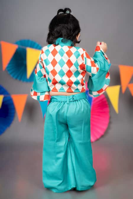 Shop Little Brats Beige Linen, Satin Embroidery Checkered Print Top Palazzo Set Online at Aza Fashions Shop_Little Brats_Beige Linen, Satin Embroidery Checkered Print Top Palazzo Set _Online_at_Aza_Fashions