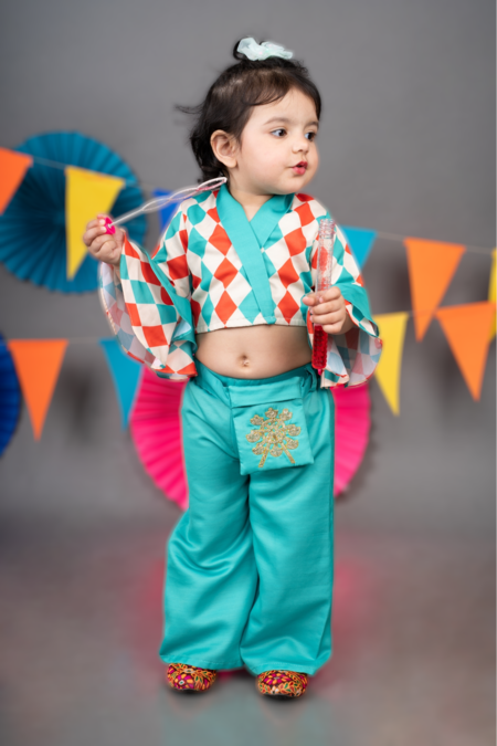 Buy Little Brats Beige Linen, Satin Embroidery Checkered Print Top Palazzo Set Buy_Little Brats_Beige Linen, Satin Embroidery Checkered Print Top Palazzo Set