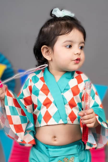 Shop Little Brats Beige Linen, Satin Embroidery Checkered Print Top Palazzo Set Shop_Little Brats_Beige Linen, Satin Embroidery Checkered Print Top Palazzo Set