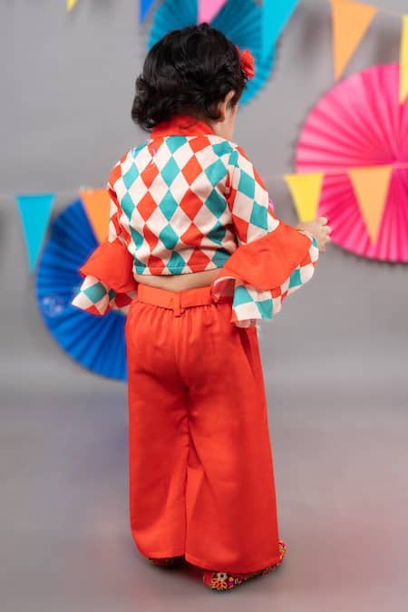 Shop_Little Brats_Beige Linen, Satin Embroidery Checkered Print Cross Top Palazzo Set _at_Aza_Fashions