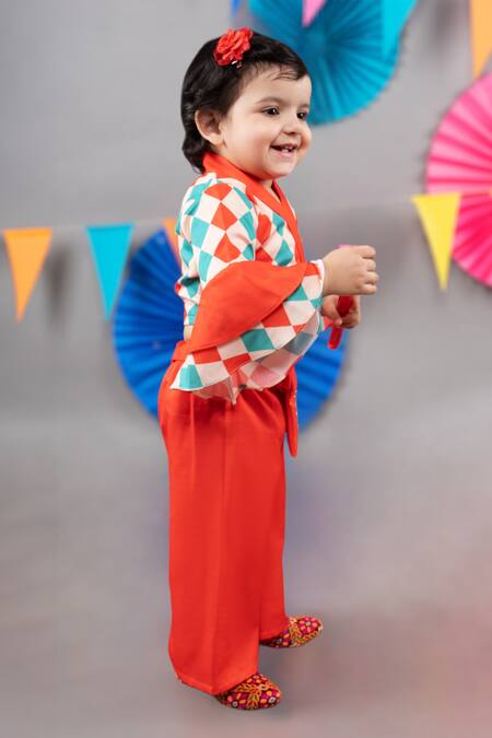 Little Brats_Beige Linen, Satin Embroidery Checkered Print Cross Top Palazzo Set _Online_at_Aza_Fashions