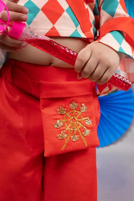 Buy_Little Brats_Beige Linen, Satin Embroidery Checkered Print Cross Top Palazzo Set _Online_at_Aza_Fashions