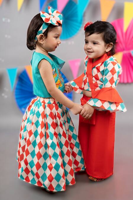 Shop_Little Brats_Beige Linen, Satin Embroidery Checkered Print Cross Top Palazzo Set _Online_at_Aza_Fashions