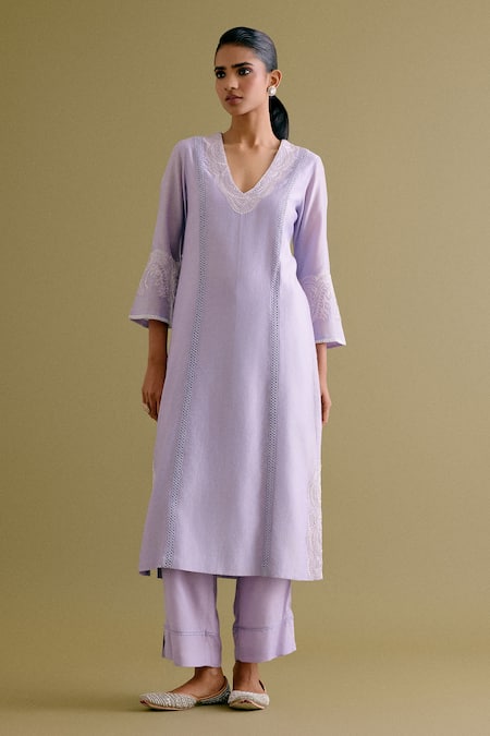 Devnaagri_Purple , Chanderi, Organza Embroidery, Lace Dori Kurta Palazzo Set _Online_at_Aza_Fashions