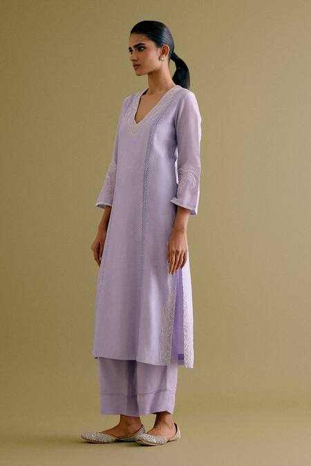 Buy_Devnaagri_Purple , Chanderi, Organza Embroidery, Lace Dori Kurta Palazzo Set _Online_at_Aza_Fashions