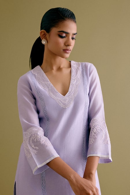 Devnaagri_Purple , Chanderi, Organza Embroidery, Lace Dori Kurta Palazzo Set _at_Aza_Fashions